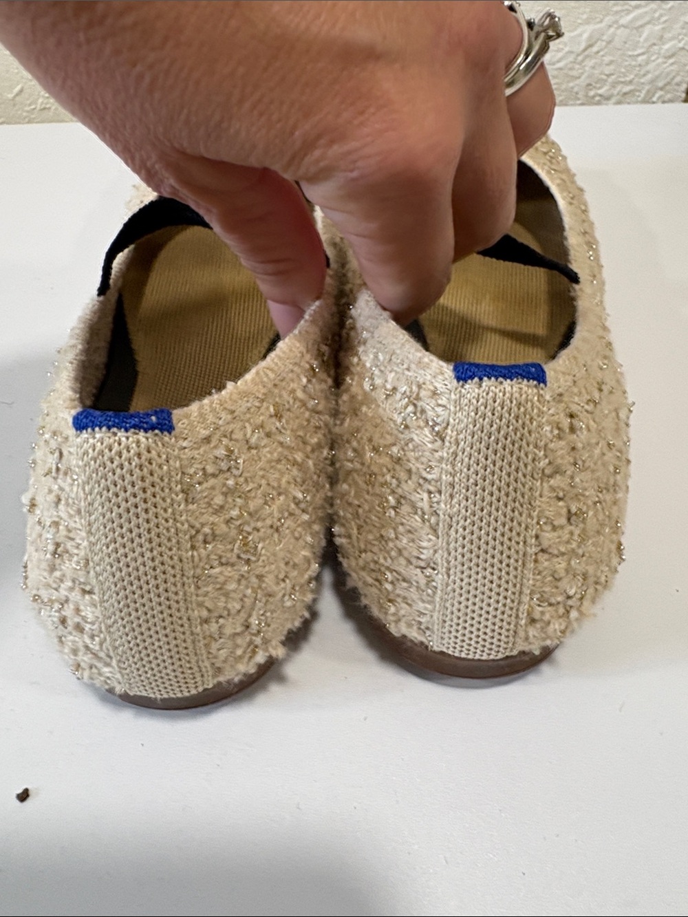 Rothy's Cream Tweed Ballet Flats with Black Elastic Strap and Blue Heel Tab - Picture 6 of 8